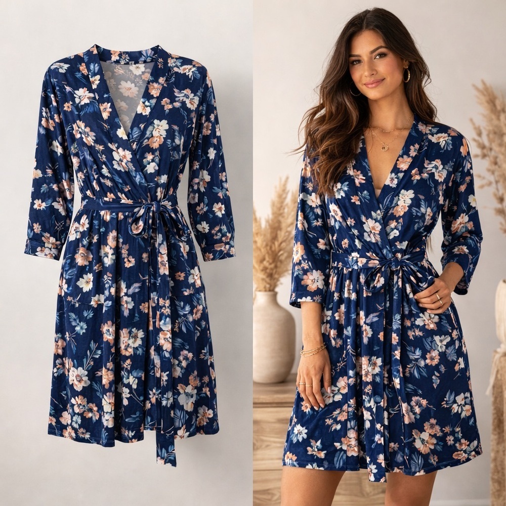 Soma Cool Nights Navy Floral Robe L XL Lightweight Tie Waist Lounge